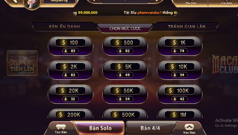 Tổ hợp bài game Tiến lên miền Nam