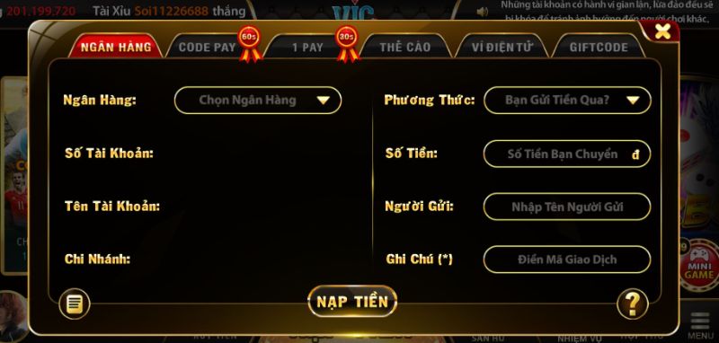 Đăng ký tài khoản và nạp tiền để chơi game