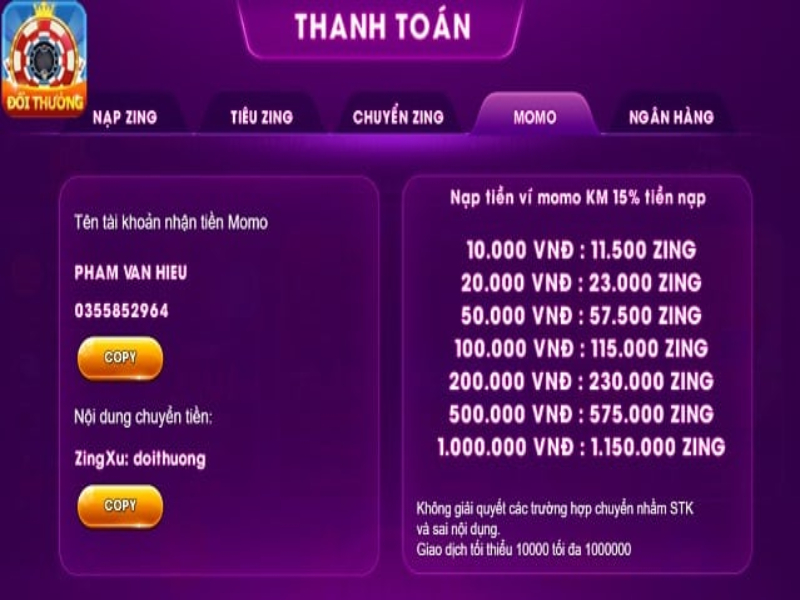 Hình thức thanh toán qua ví điện tử Momo của Zingxu